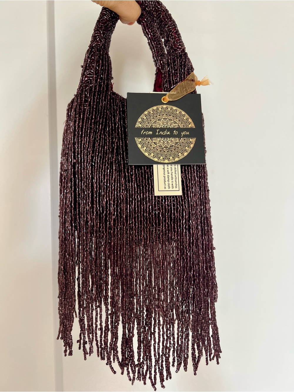 Handwoven Beaded Fringe Shoulder Bag - Deep Wine